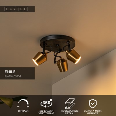 Lucide EMILE - Plafondspot - Ø 23 cm - 3xGU10 - Mat Goud / Messing